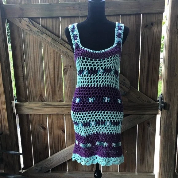 Handmade Crochet Tank Dress Multi Color Blues M - Picture 4 of 6